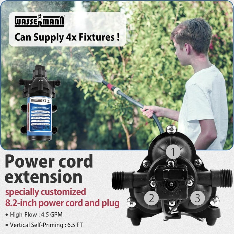 wassermann 115V AC Water Diaphragm Pump,4.5GPM 55PSI 1/2" NPSM with 8.2ft Power Cord & Plug,Self-Priming Fresh Water Pressure Booster Pump,Pressure Switch, for Garden Kitchen Bathroom RV Marine Camper - Image 3